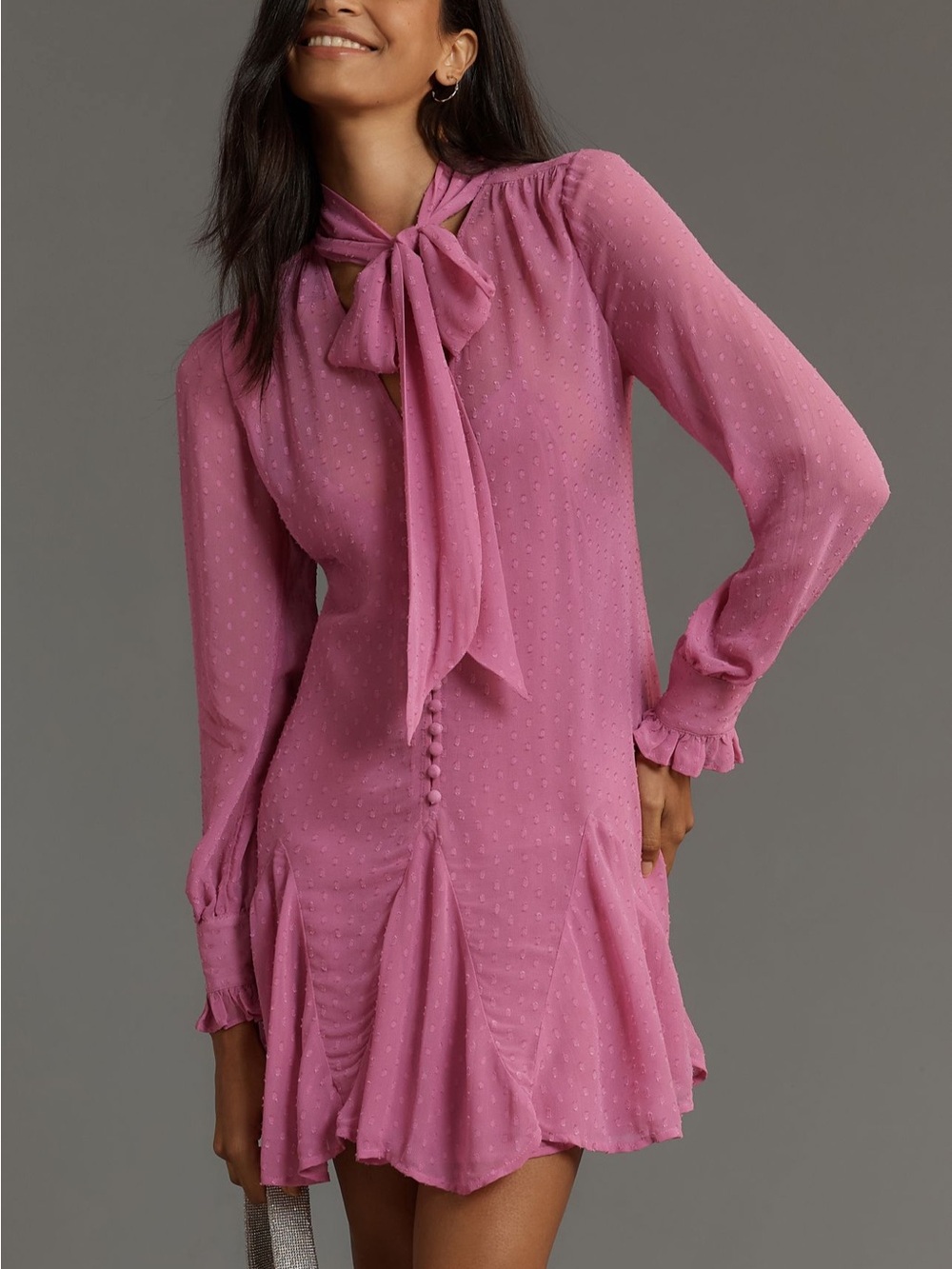 Anthropologie Pink Tie-Neck Swiss Dot Mini Dress